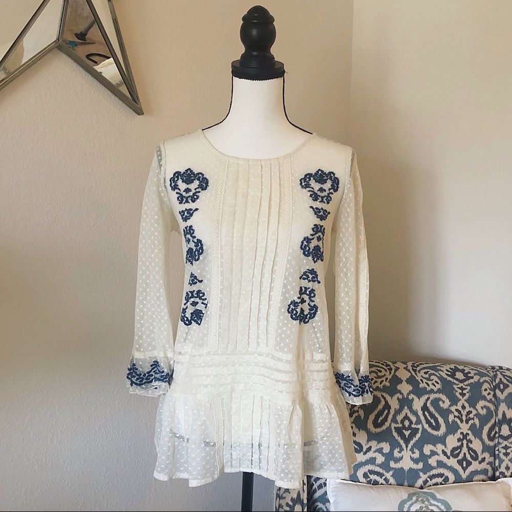 Free People Beige Blue Floral Embroidered Tunic